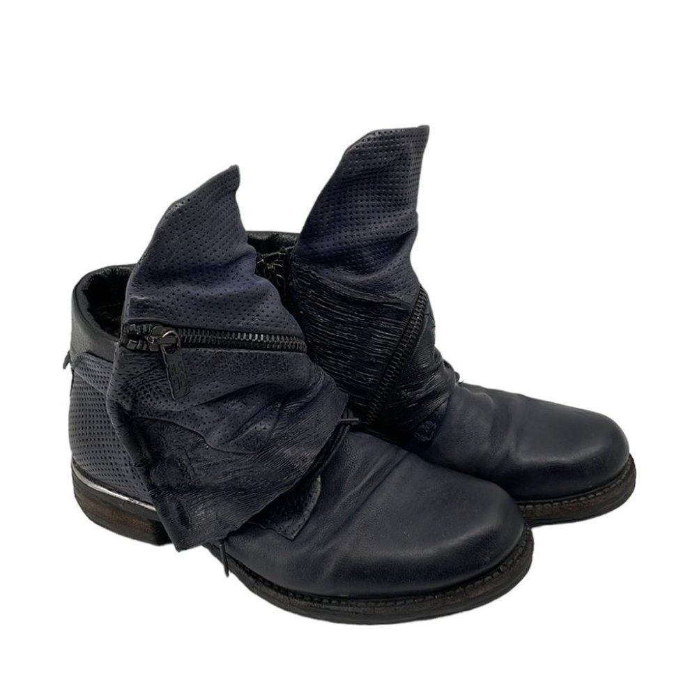 A.S.98 slouchy blue distressed combat boots adjustable flap covered laces 6.5-7